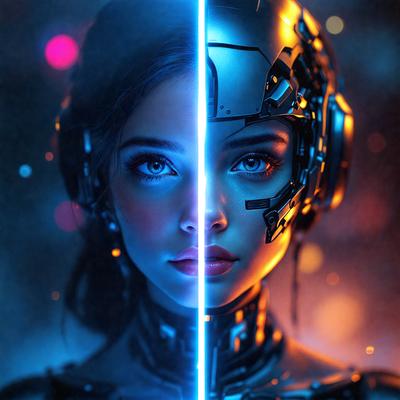 The primary subject of the image is a woman with a futuristic, cyberpunk-inspired look. She is wearing a silver helmet and has a blue glow around her. The setting is a futuristic environment, possibly a space station or a high-tech city. The visual style is digital art, with the woman's features and the background being digitally rendered. The colors and mood of the image are predominantly blue and futuristic, creating a sense of mystery and intrigue.